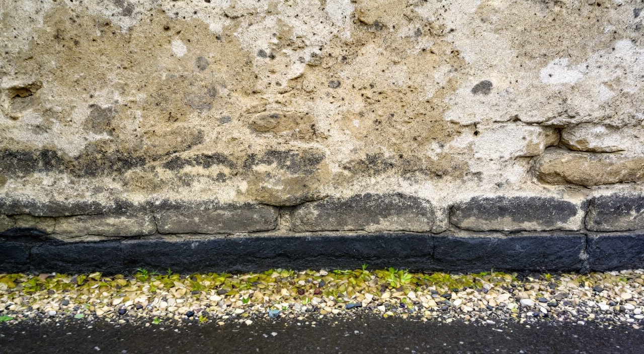 Mur ancien en pierre et silex partiellement recouvert d'un enduit à la chaux gratté, avec une bande sombre d'humidité en pied de mur