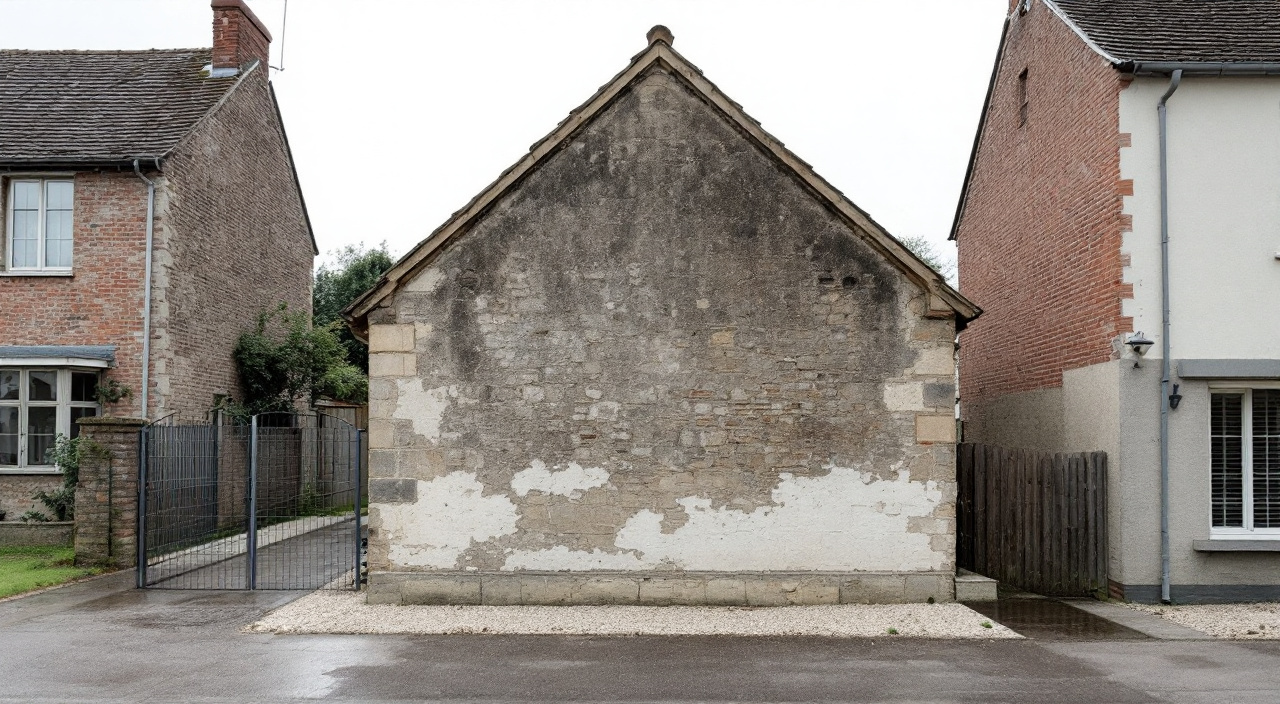 Pignon ancien en silex et brique d'un corps de ferme bordé par les surfaces neuves d'un lotissement, pied de mur humide.