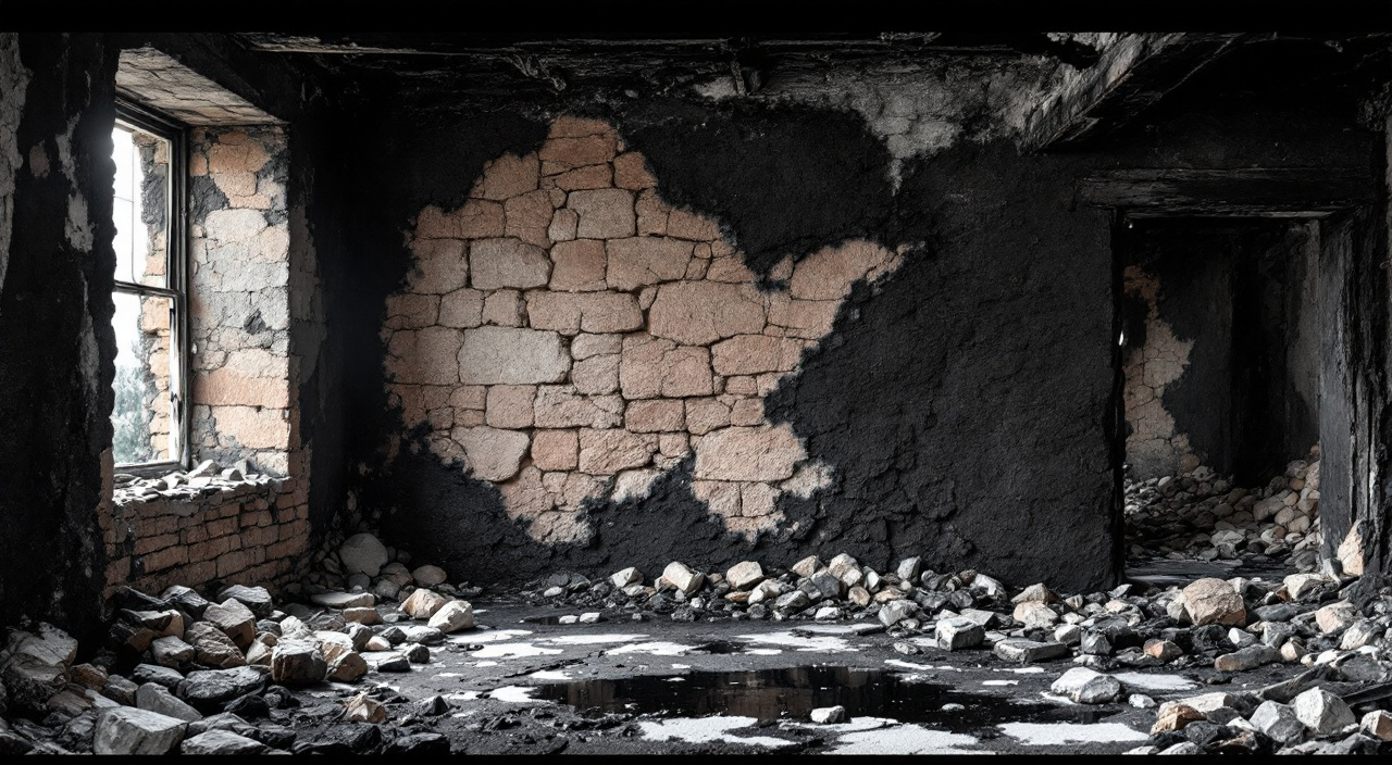 Mur intérieur en moellons calcaires noirci par un incendie, avec des joints désagrégés, une zone écaillée montrant la pierre rosée puis saine, et des silex blanchis tombés au pied