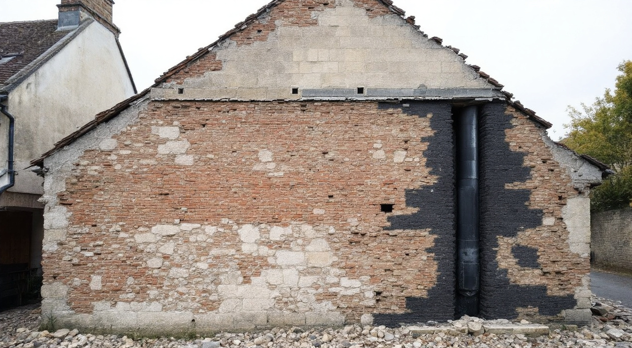 Mur pignon mis à nu après démolition, avec trous de solives, conduit de fumée éventré et maçonnerie hétérogène de calcaire, silex et brique