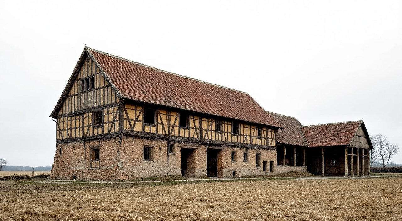 Grange à pans de bois du Roumois, remplissage de torchis partiellement tombé et solin de silex en pied de mur