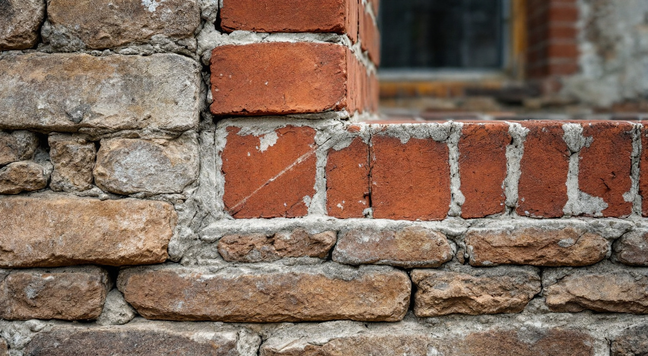 Angle de mur ancien associant des blocs de grison roux et des rangs de brique, avec joints de chaux de largeurs différentes