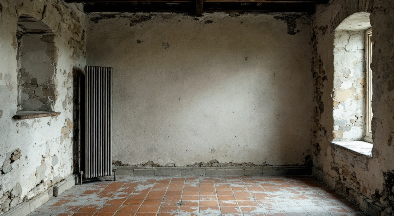 Pièce vide d'une maison en pierre, radiateur en fonte devant un mur de moellons enduit à la chaux et sol en tomettes