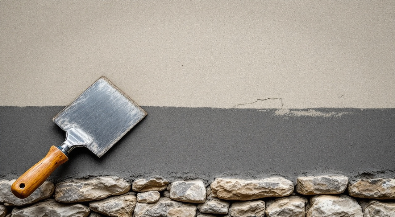Panneau d'enduit à la chaux fraîchement dressé sur un mur de moellons, avec une zone encore humide et une zone en cours de séchage