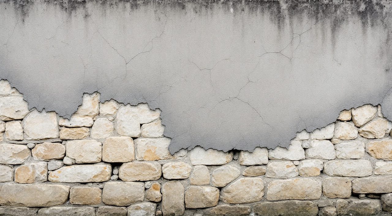 Enduit ciment se décollant par plaques d'un mur ancien en silex
