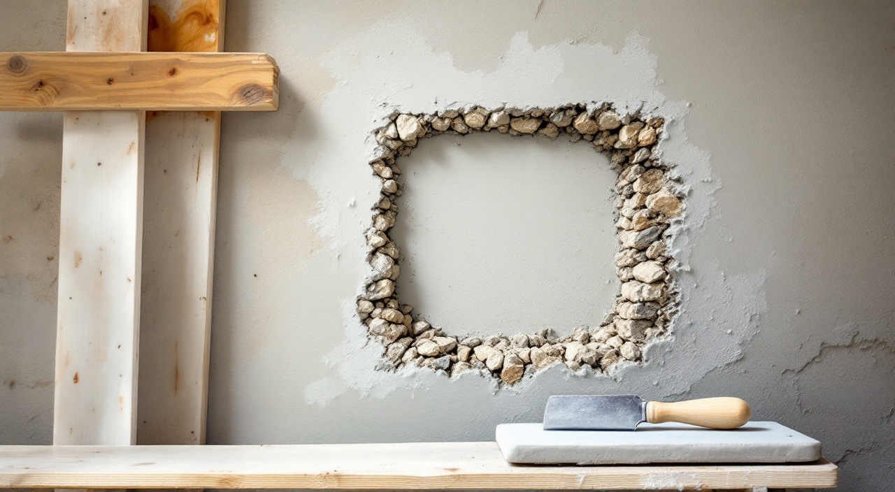 Mur ancien en moellons avec une zone d'essai d'enduit à la chaux posée à côté d'une partie décroûtée