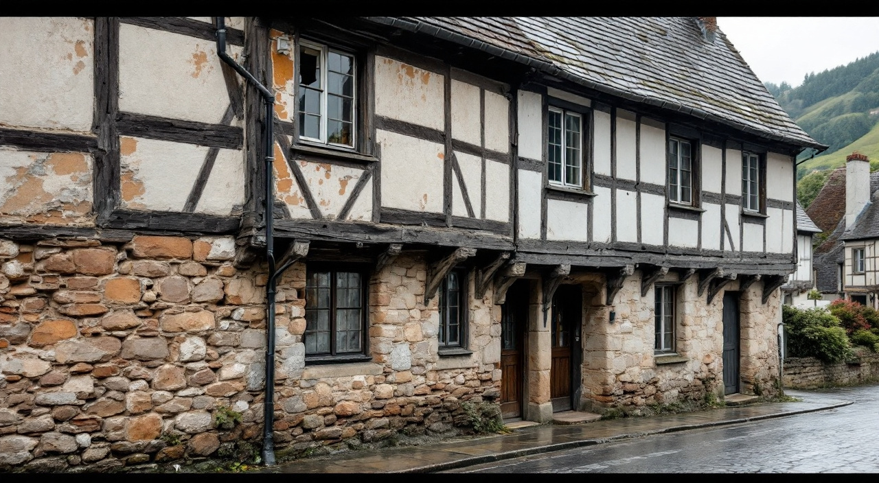 Angle d'une maison de bourg sur l'éperon : soubassement en grison rouille et étage en pans de bois, la face exposée plus érodée que la face abritée.