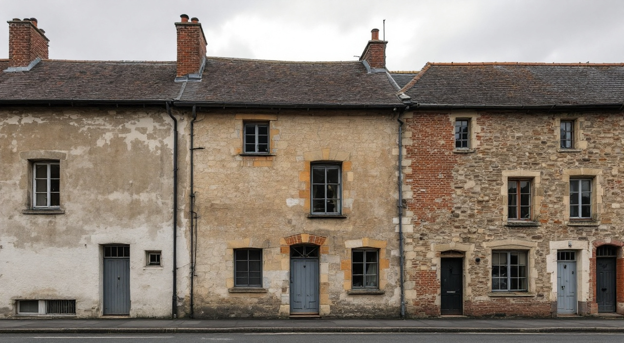 Rangée de maisons de bourg mitoyennes à Damville, joint vertical visible entre deux façades d'époques différentes