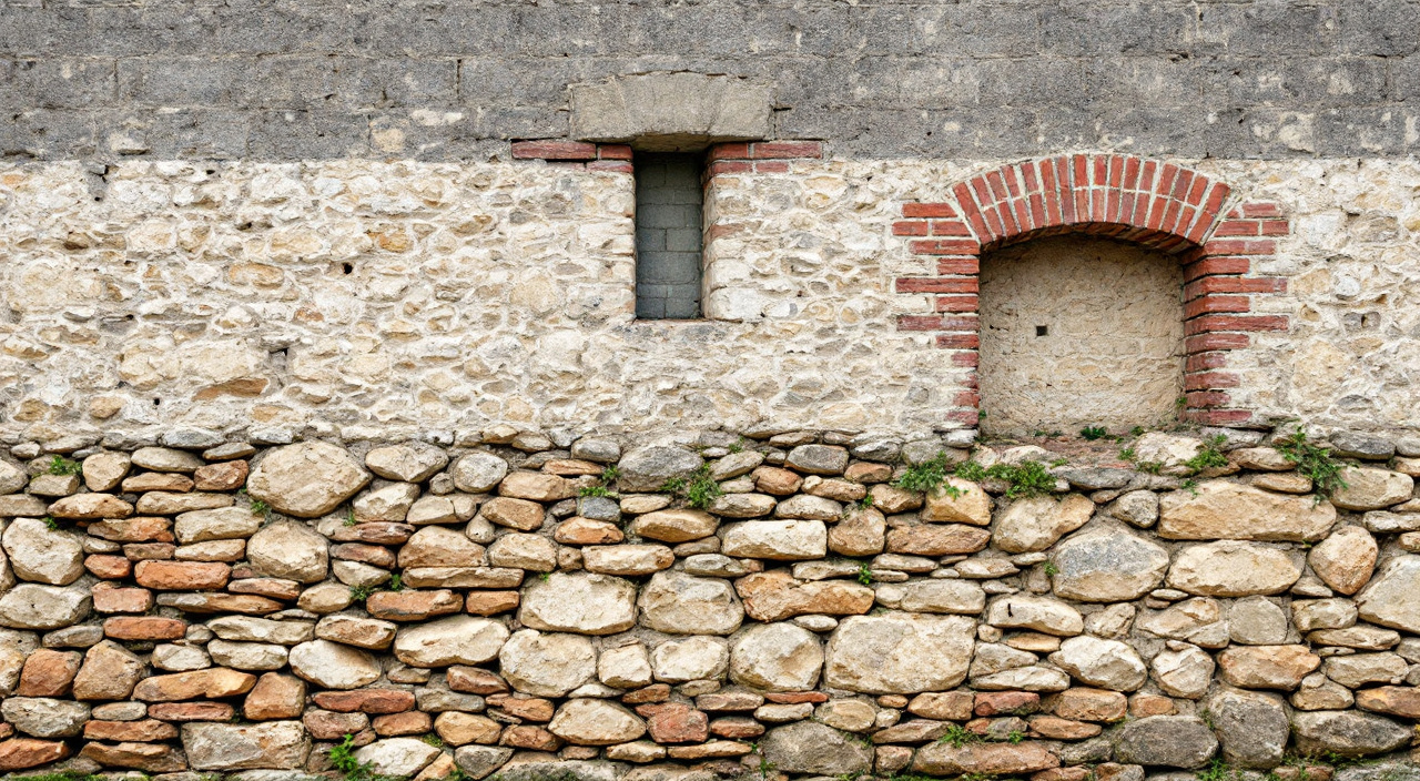 Mur ancien montrant trois époques superposées : blocage de silex à la terre, assises de brique moulée à la main, blocs de mâchefer