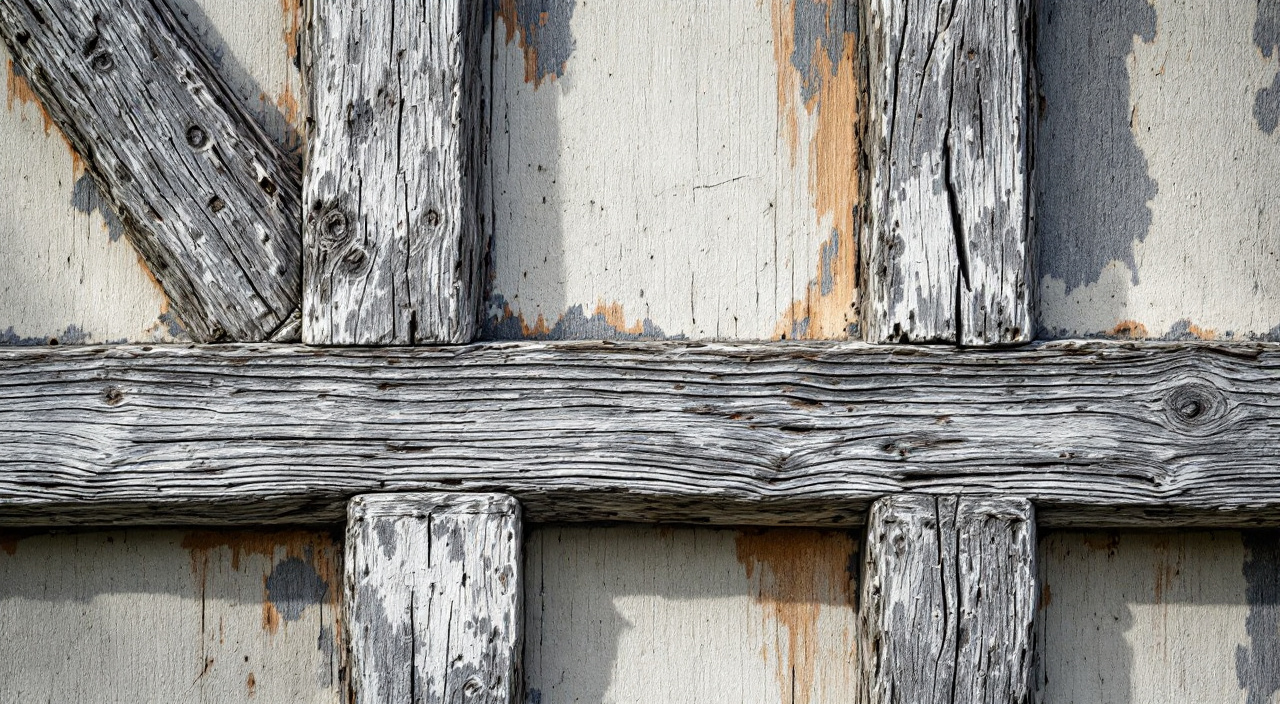 Pan de bois ancien en chêne gris argenté, marques d'outil et gerces visibles, avec une petite zone d'essai décapée sur un poteau bas