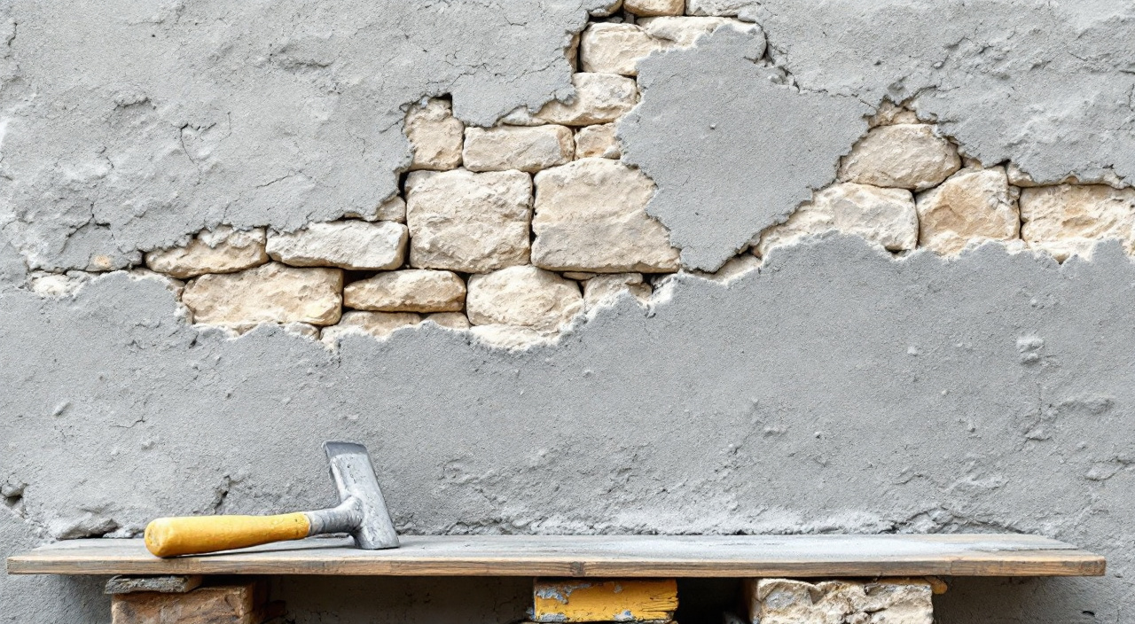 Mur ancien en moellons partiellement décroûté, ciment gris fissuré encore en place en partie basse