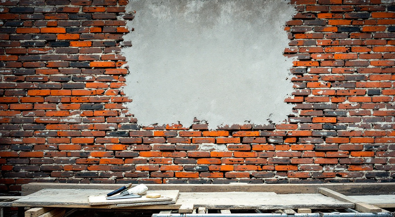 Mur d'atelier en brique ancienne dont une partie des joints a été dégarnie avant reprise au mortier de chaux