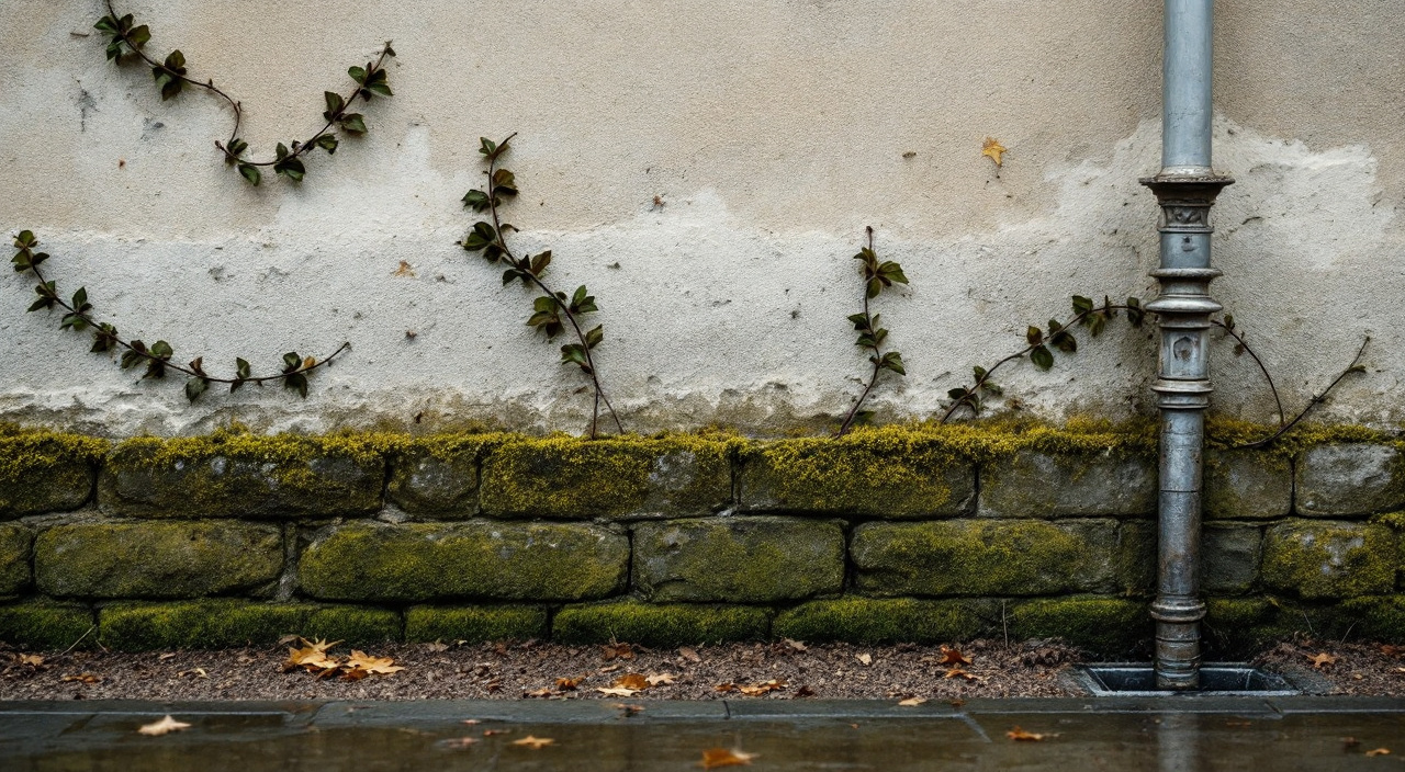 Pied d'un mur ancien en moellons dégagé sur une bande étroite, tiges de lierre coupées et descente d'eau en zinc