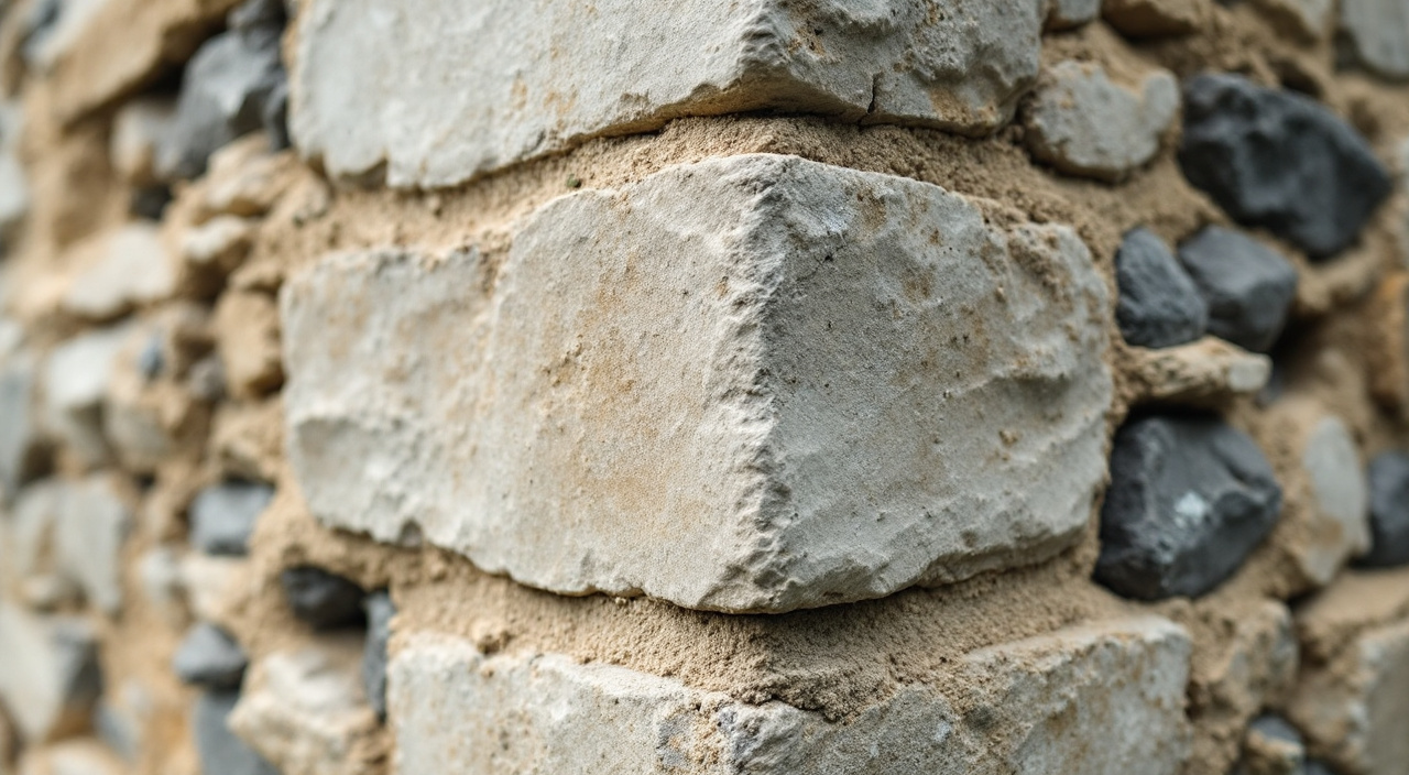 Angle de maison ancienne : chaîne en calcaire tendre érodée et remplissage de silex saillant.