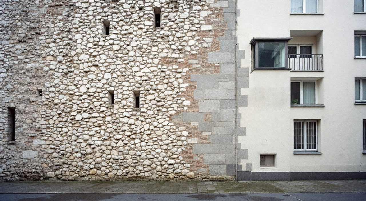 Mur ancien en silex et craie enserré entre deux immeubles enduits de la Reconstruction, plus hauts et plus récents.