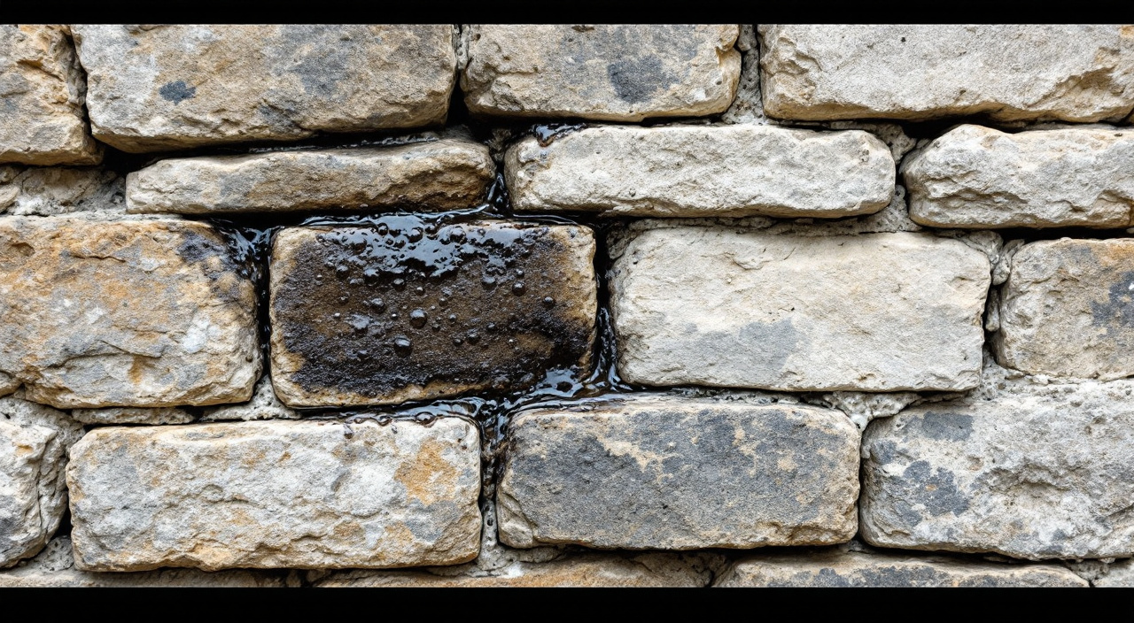 Mur de pierre calcaire ancien : d'un côté l'eau pénètre la pierre, de l'autre elle perle en surface près d'une écaille détachée