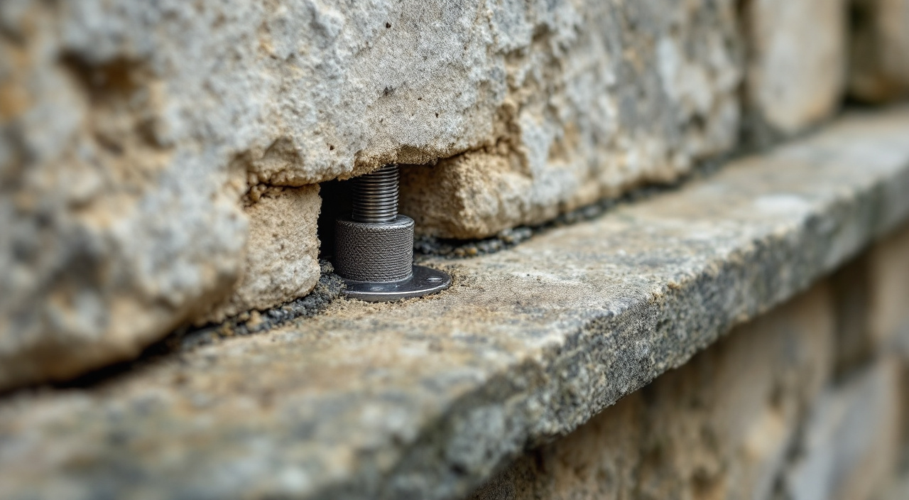 Tige filetée inox scellée dans un moellon calcaire avec tamis d'injection, joint de terre friable à côté