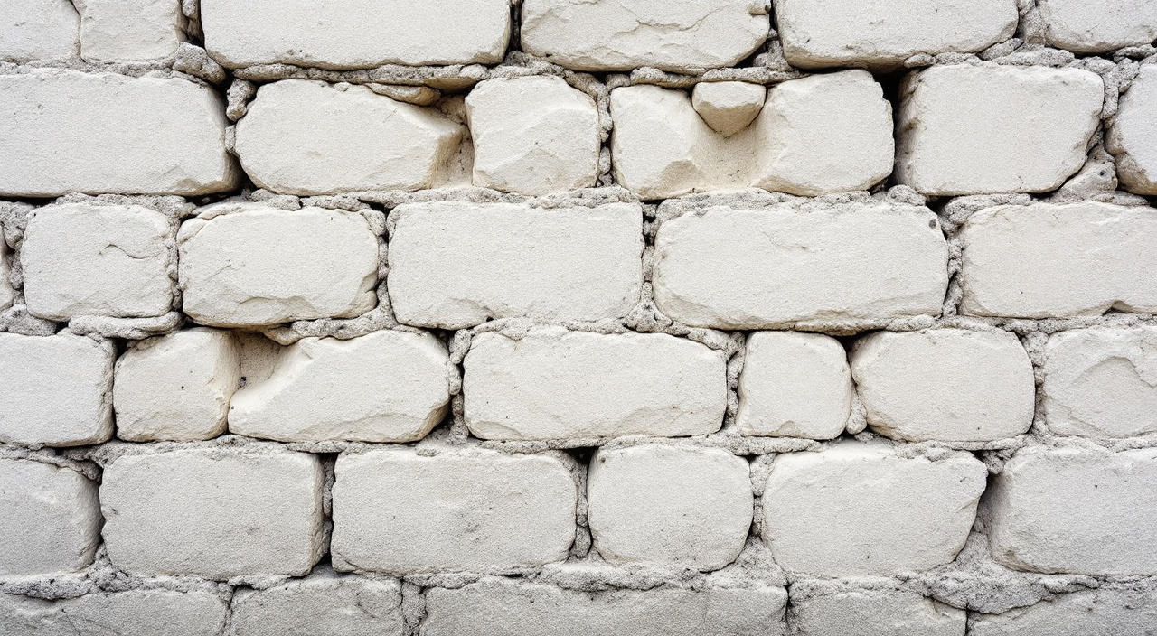Mur ancien en blocs de craie, certaines pierres creusées en alvéoles entre des pierres restées saines, joints de chaux en retrait