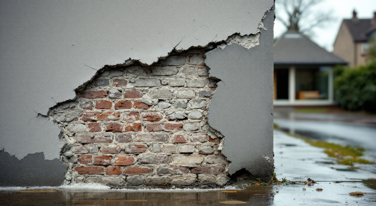 Plaque d'enduit ciment détachée d'un mur ancien révélant une maçonnerie de brique et de silex à Gravigny
