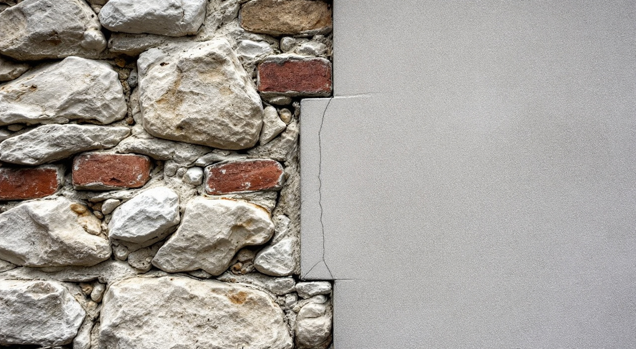 Jonction verticale entre un mur ancien de silex et brique et une extension récente en parpaing, sur une façade de bourg normand.
