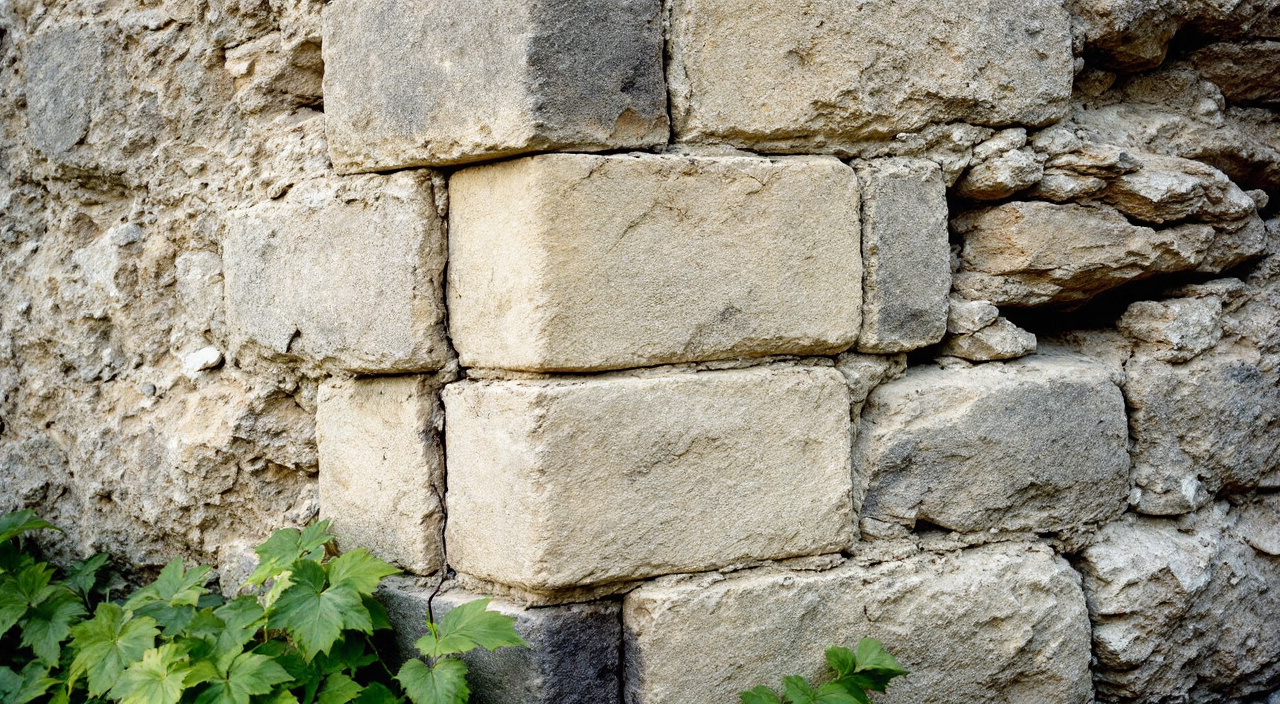 Chaîne d'angle en blocs de calcaire alternés dans un mur de silex, éclairée en lumière rasante, avec une fissure verticale fine le long de la chaîne
