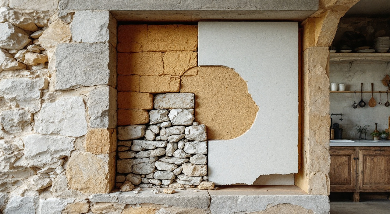 Coupe d'un mur ancien en pierre montrant le parement enduit à la chaux à l'extérieur et un panneau isolant minéral côté intérieur