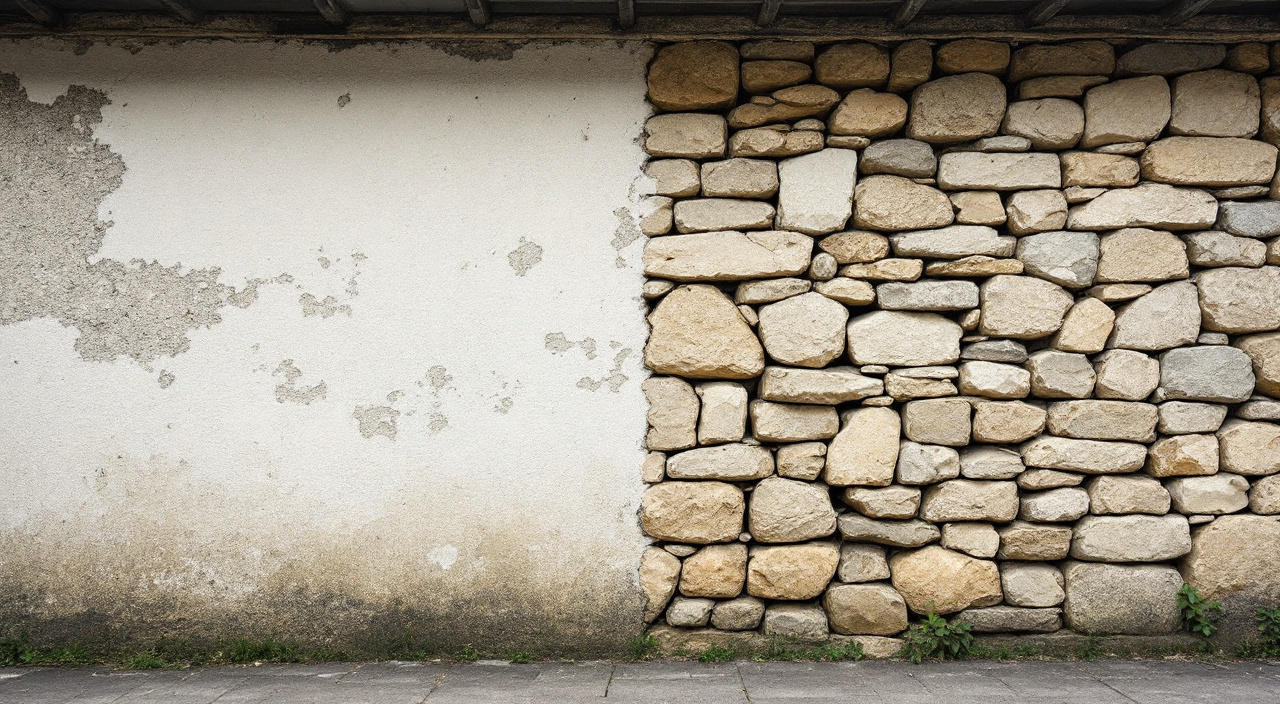 Mur ancien en moellons dont l'enduit à la chaux subsiste par plaques sous le débord de toiture, le reste du parement étant à pierre vue avec des joints creusés