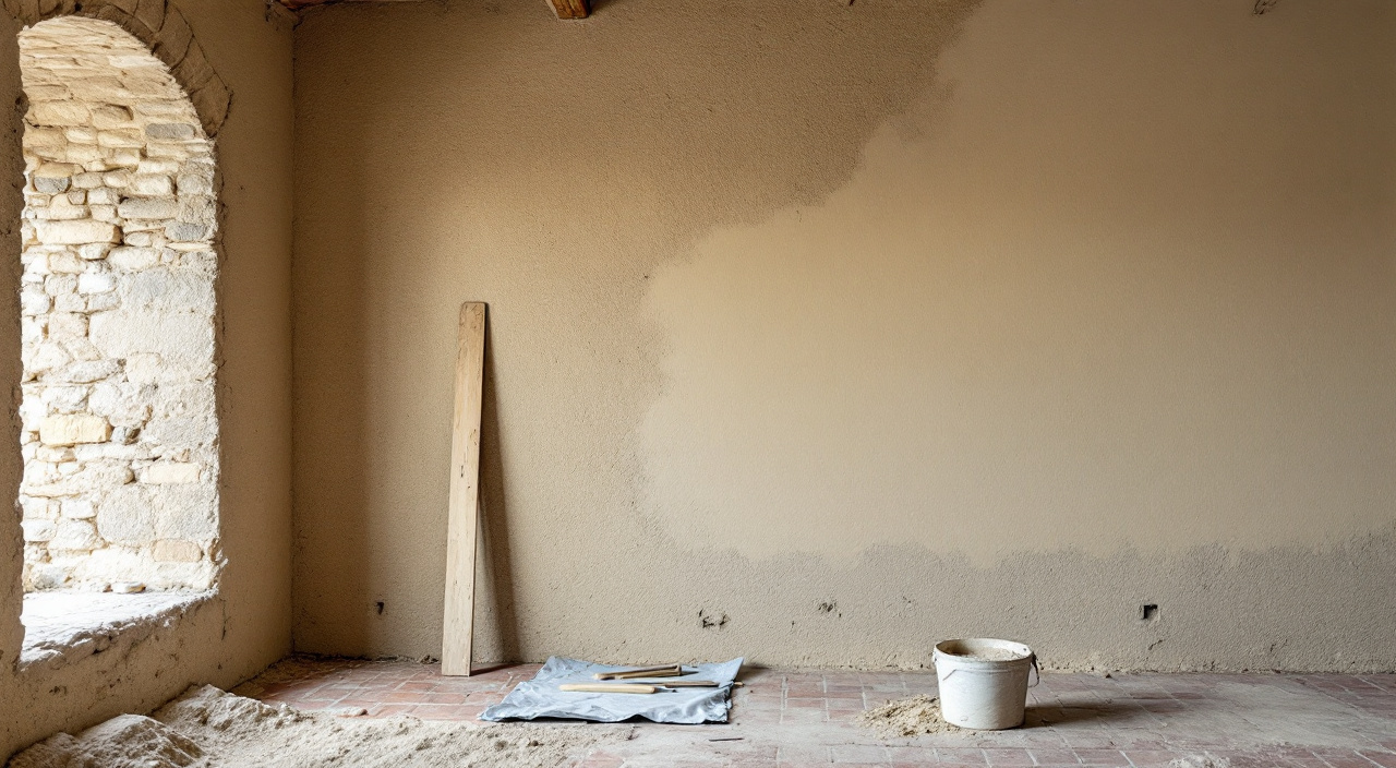 Mur en pierre d'une pièce vide à moitié recouvert d'un enduit chaux-chanvre épais, pierre nue apparente sur l'autre moitié.