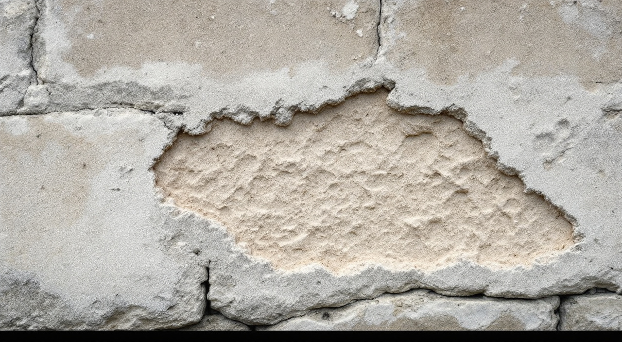 Enduit de chaux tendre érodé sur un mur de moellons, laissant apparaître la pierre et les joints