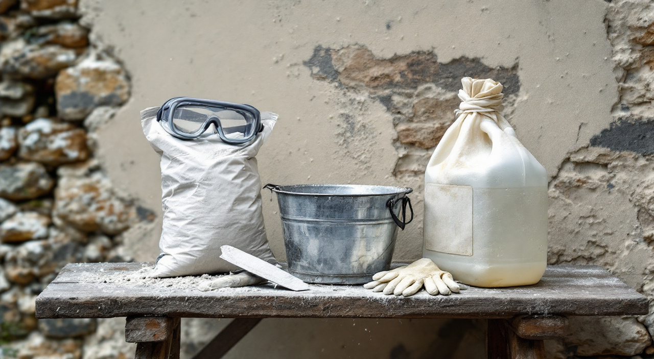 Sac de chaux ouvert, auge, lunettes-masque, gants à manchette et bidon d'eau claire posés sur un établi devant un mur enduit à la chaux
