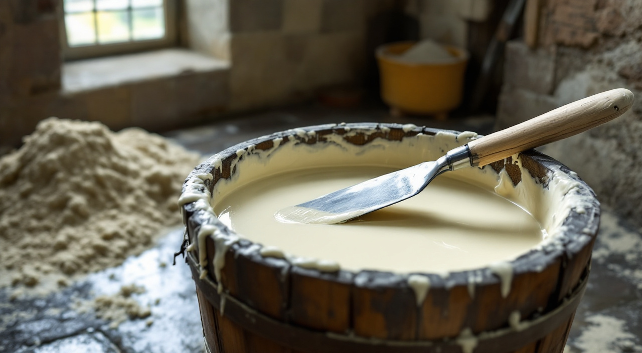 Fût de chaux en pâte ouvert, pâte blanche sous une garde d'eau claire, truelle posée sur le bord