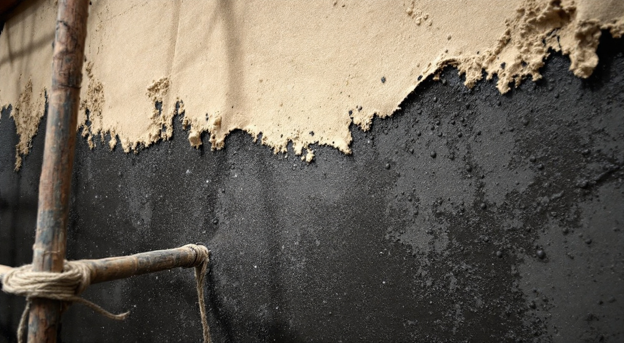 Voile de brumisation devant un enduit à la chaux frais, encore humide par plaques, sous une toile d'ombrage tendue à distance du mur