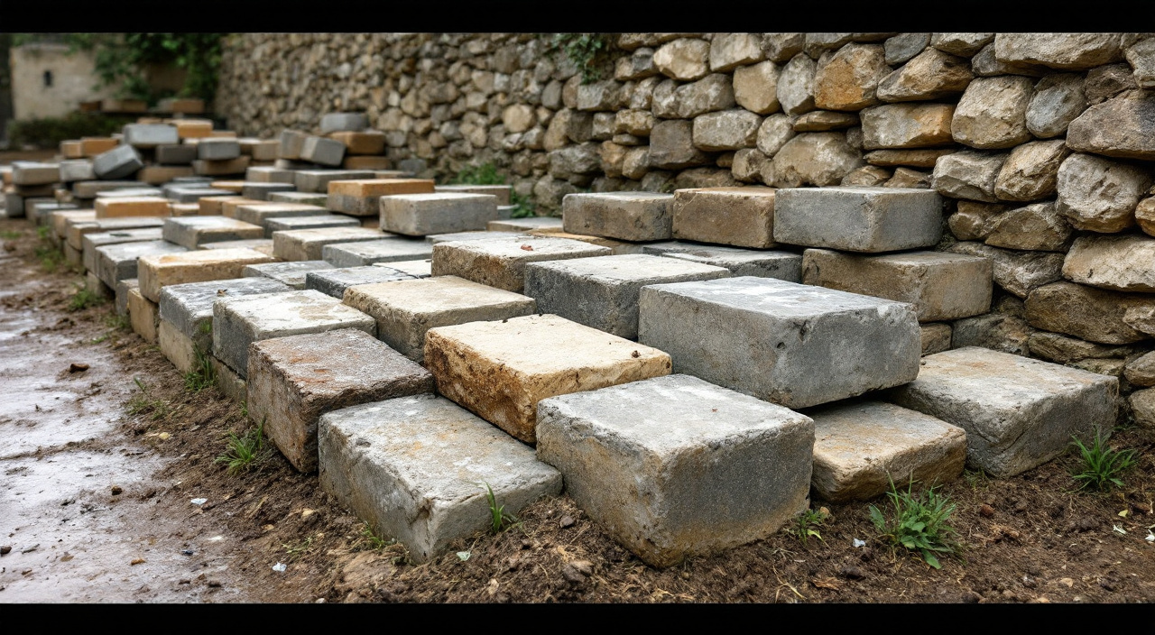 Tas de moellons calcaires de récupération étalés et mouillés, certains portant encore du mortier de ciment et un ancien scellement métallique.