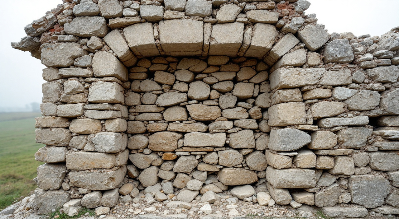 Coupe d'un mur ancien mis a nu : deux parements de moellons et un coeur de blocage entre eux