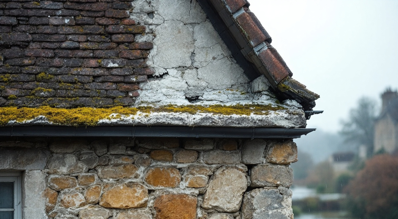 Raccord entre une couverture de tuiles anciennes et un mur en pierre, solin de mortier fissuré et rive ouverte, vu depuis un échafaudage.