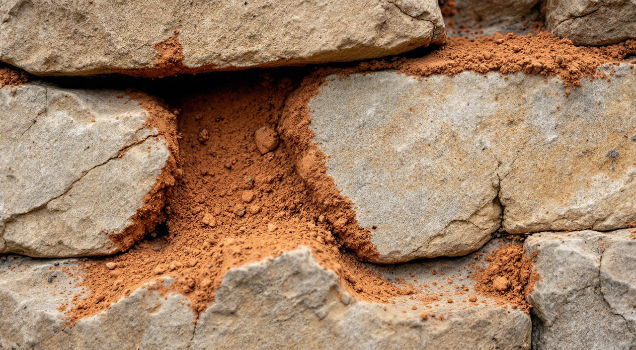 Joint de mortier de terre ocre entre les moellons d'un vieux mur rural, gratté sur quelques centimètres
