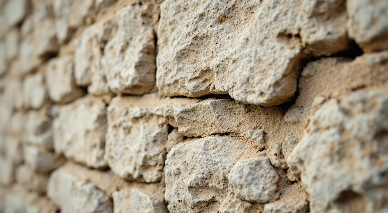 Mur en meulière caverneuse dont les joints de chaux sont garnis en retrait du nu de la pierre