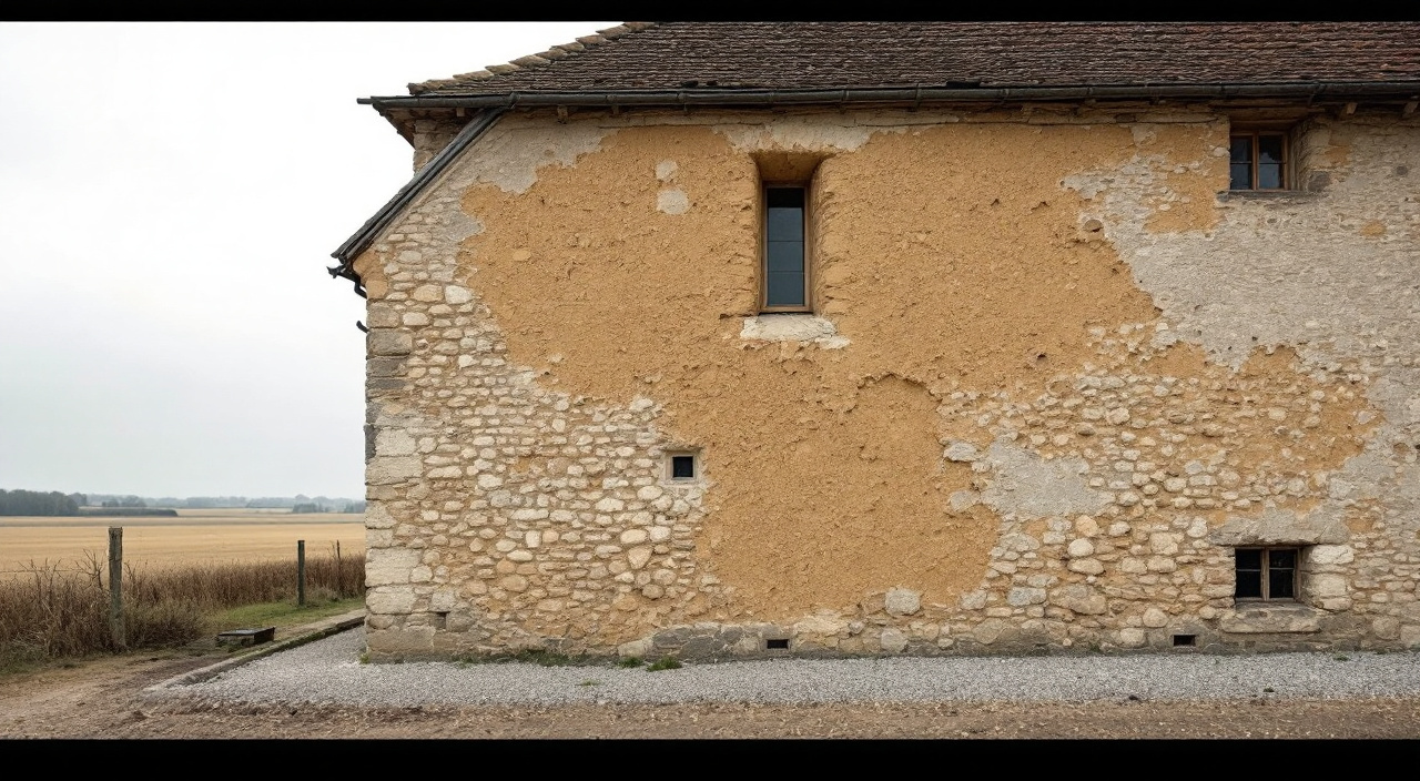Pignon de ferme du plateau : soubassement de silex et mur de terre à l'enduit de chaux érodé par la pluie battante.