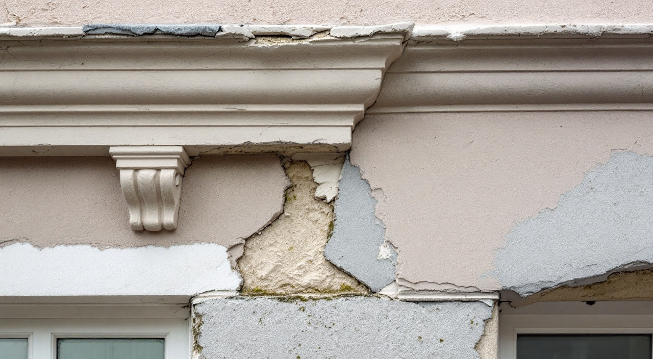 Corniche en plâtre moulé sur une façade ancienne, avec sa rainure de larmier en sous-face et une plaque de ciment qui se décolle à côté