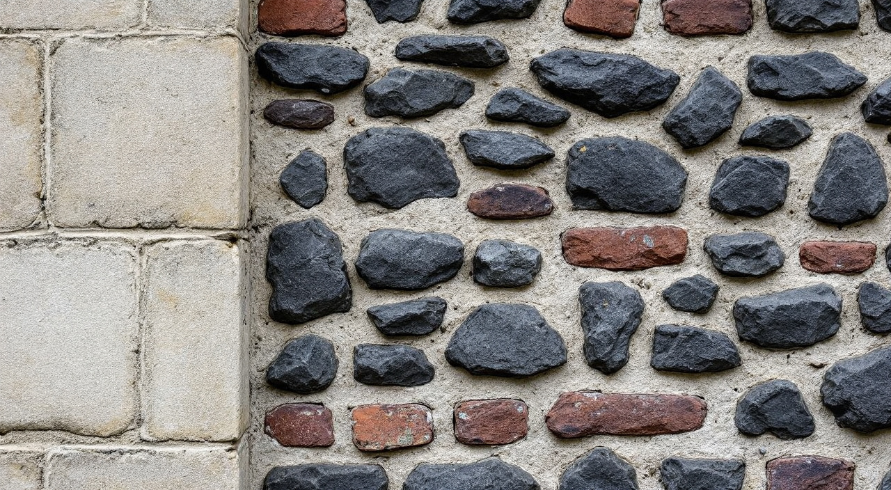 Mur ancien du Vexin normand associant moellons de silex, assises de brique et chaîne d'angle en calcaire clair