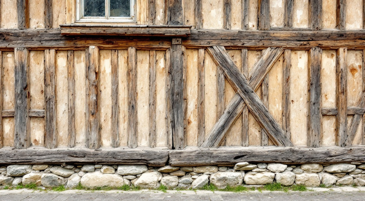 Pan de bois en chêne apparent : sablières, poteaux, colombes, décharge oblique et chevilles d'assemblage