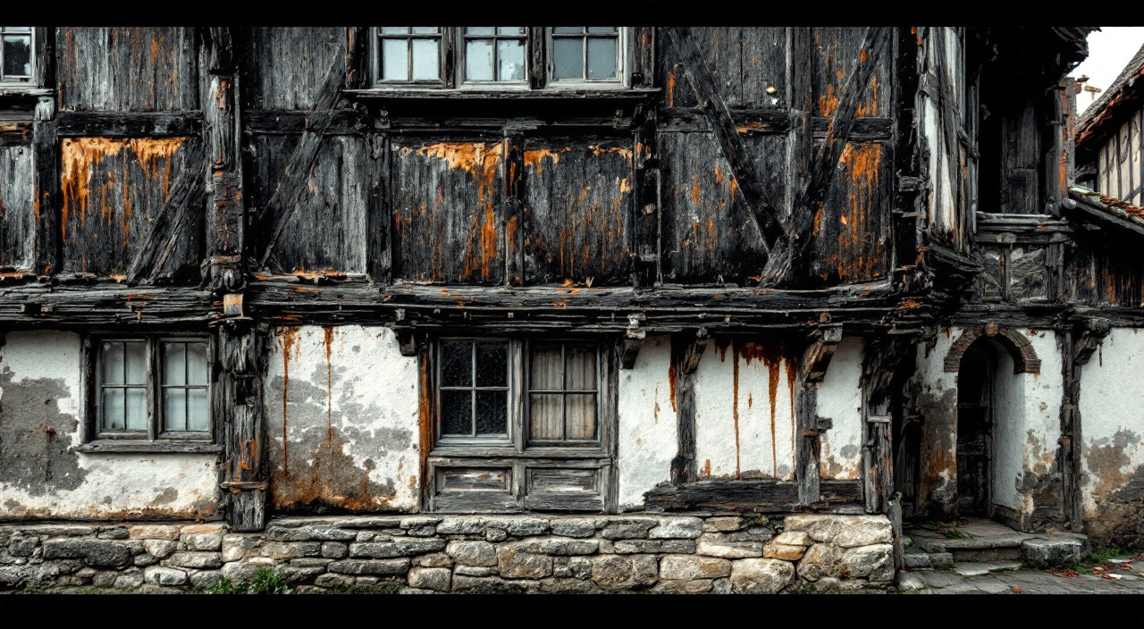 Pans de bois d'un colombage recouverts d'un ancien traitement noir craquelé qui s'écaille, laissant apparaître le chêne gris, avec des coulures brunes sur le remplissage clair.