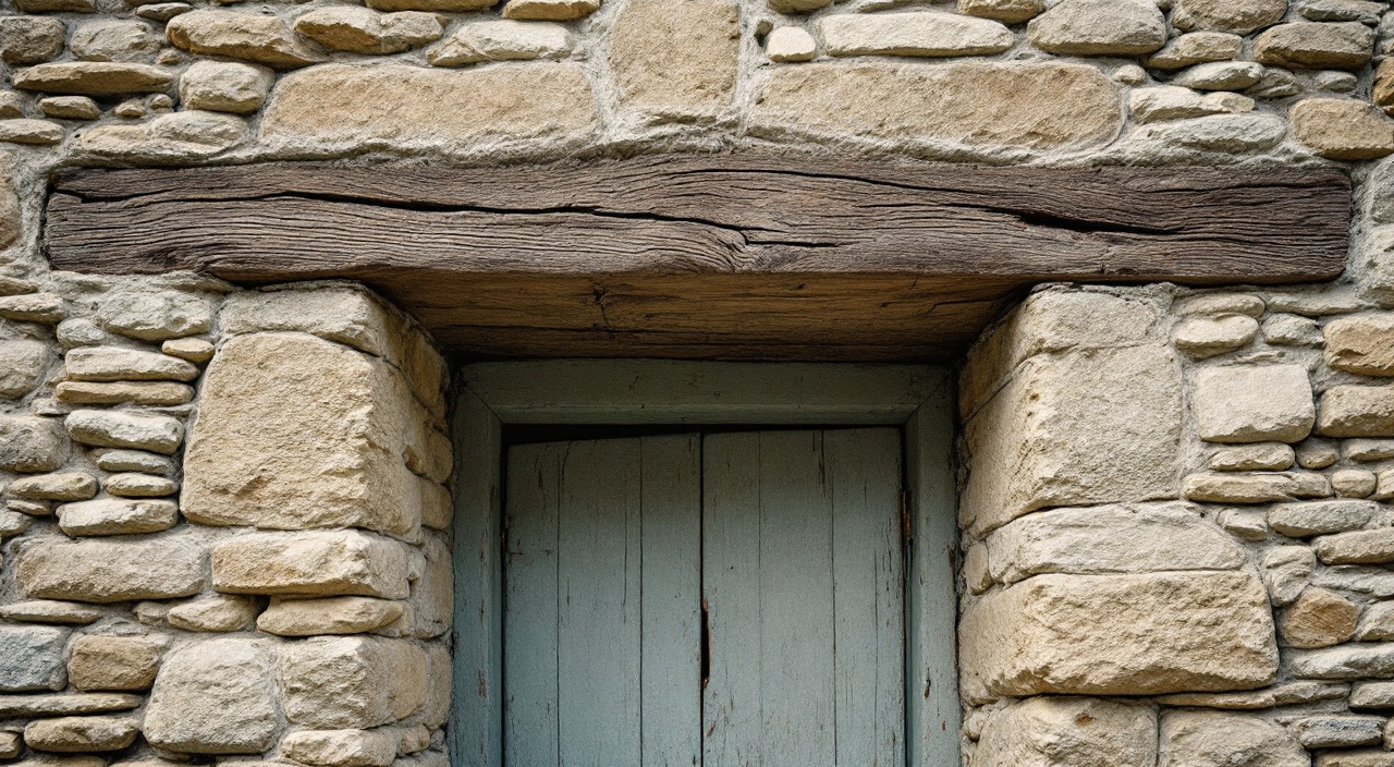 Linteau en chêne au-dessus d'une baie, avec fissuration en escalier dans la maçonnerie