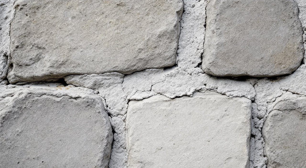 Joint de mortier bâtard fissuré et décollé sur un mur de moellons