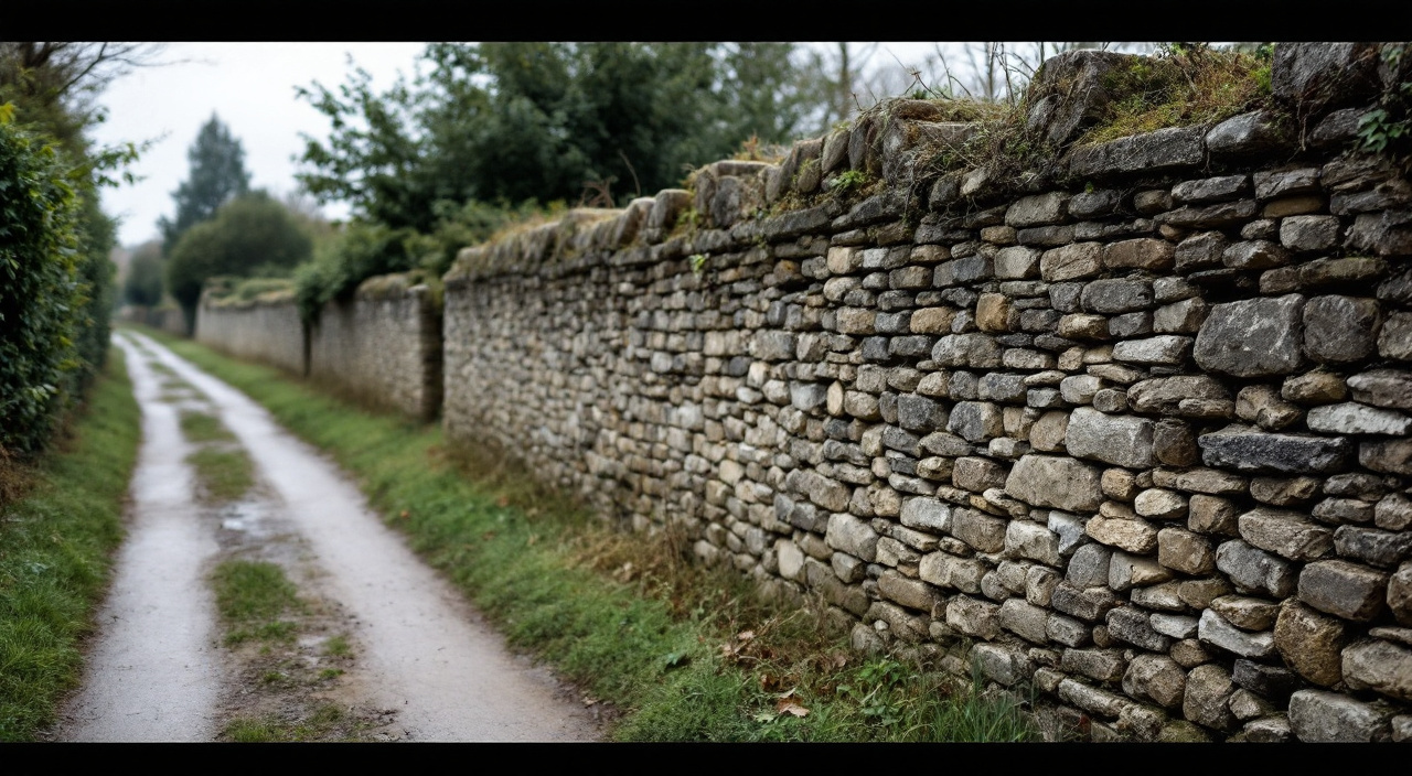 Mur de clôture ancien en moellons, chaperon manquant et ventre visible