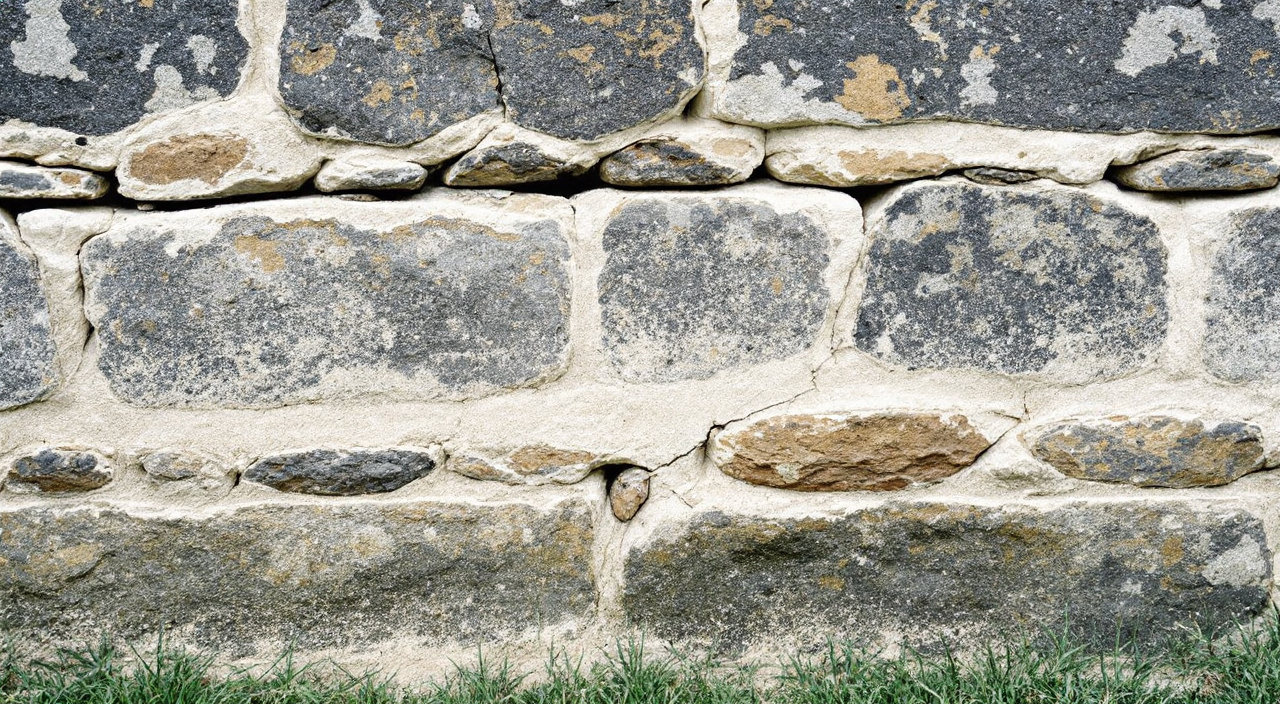 Mur de silex normand dont le rejointoiement au ciment se fissure au contour des rognons, avec un fragment de joint détaché