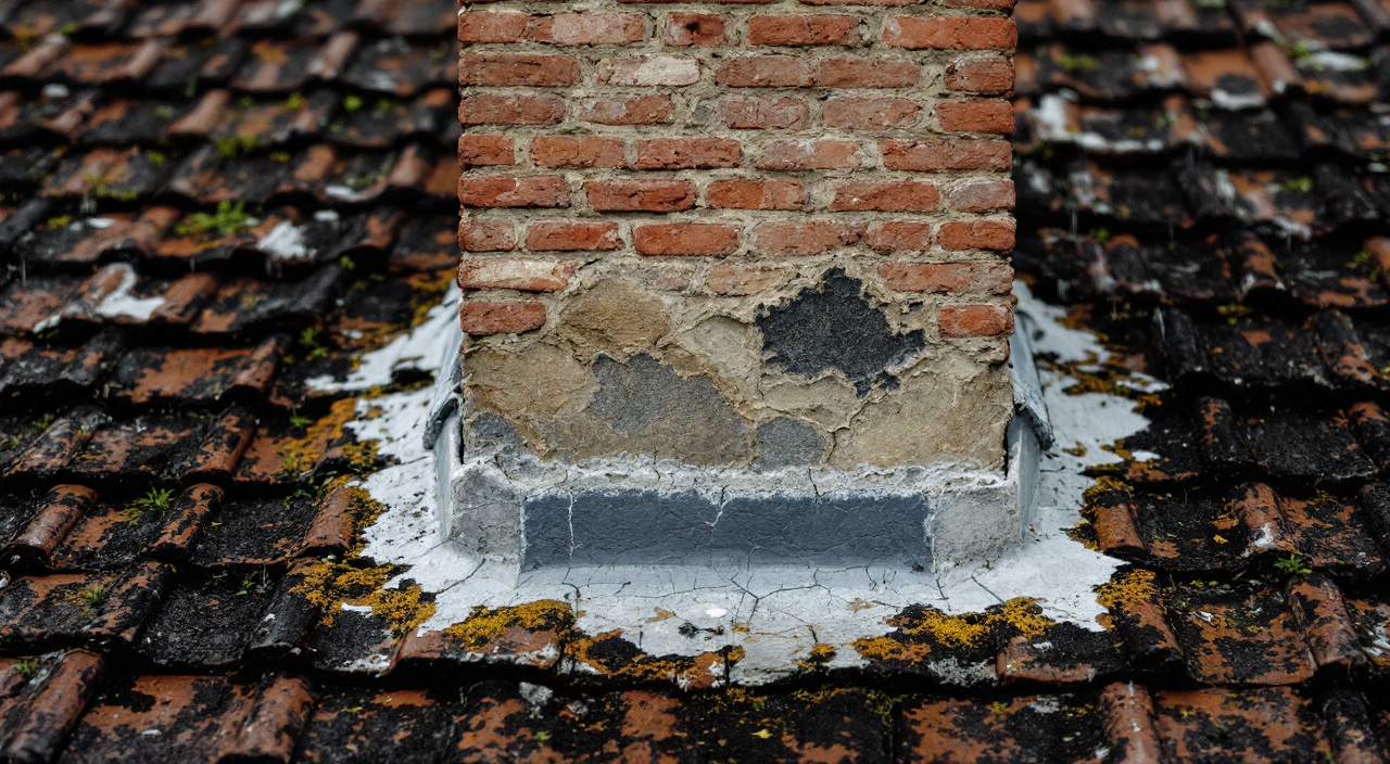 Souche de cheminée ancienne en brique et pierre, joints ouverts et couronnement fissuré au-dessus d'un toit de tuiles