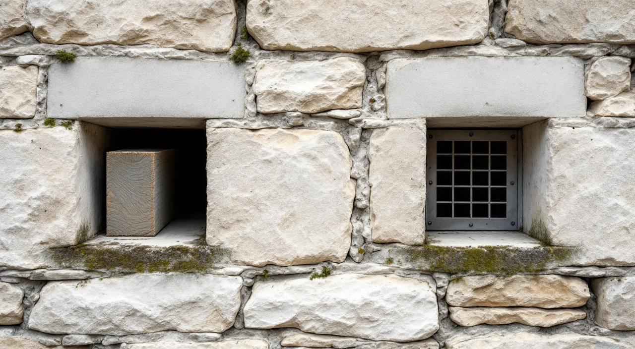 Rangée de trous de boulin carrés alignés dans un mur de moellons calcaire et silex à joints de chaux
