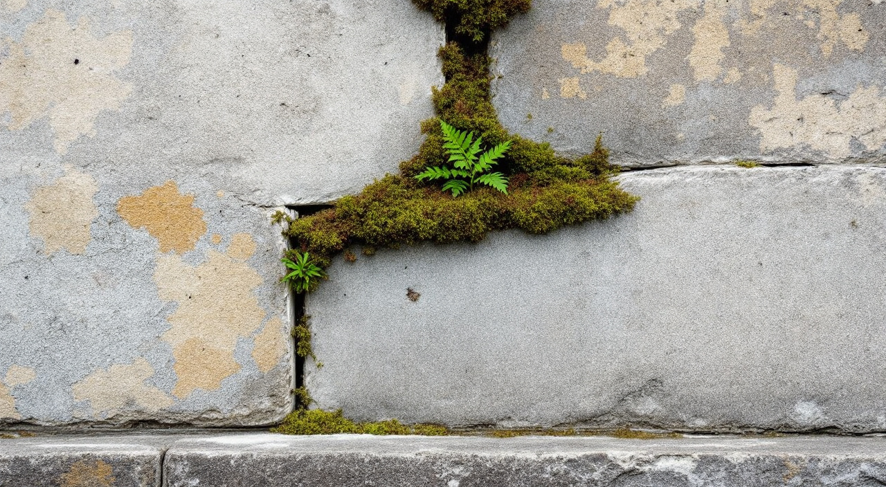Mur ancien en moellons calcaires portant des lichens crustacés plaqués, des coussins de mousse dans un joint creusé et une patine grise sur la pierre intacte.