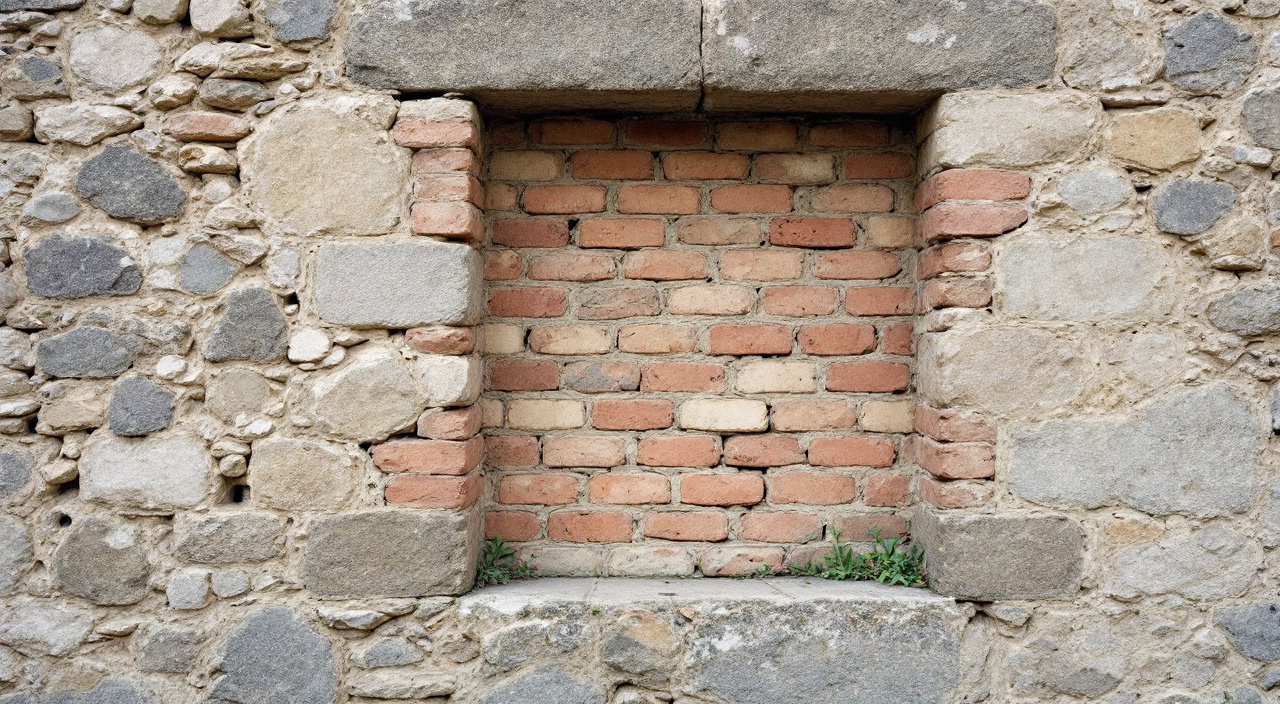 Mur ancien en moellons calcaires où se lit une ancienne fenêtre bouchée, avec son arc de décharge et deux mortiers différents